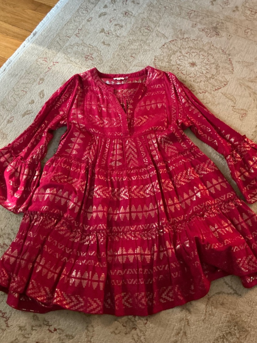 Elan Clara Tiered Midi Dress in Raspberry Metallic Combo Sz L EUC $99R - Picture 6 of 7